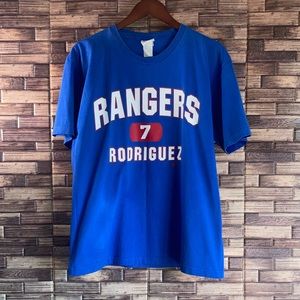 RARE Vintage LEE Sports Blue Ivan Rodriguez Texas Rangers Large T Shirt